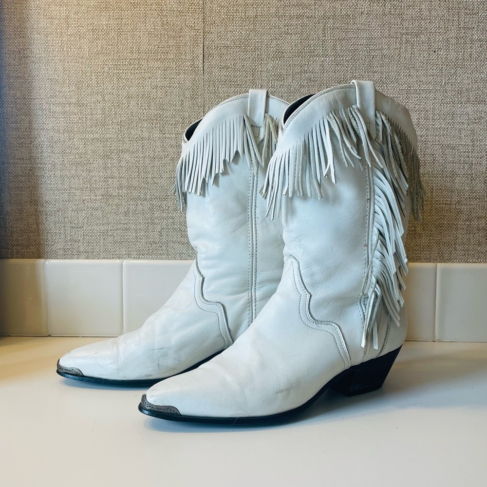 Vintage white fringe cowgirl boots, miss rodeo USA, acme brand